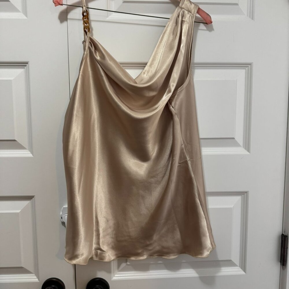 Champagne Satin Cowl Neck Top with Gold Chain Strap – Size XL